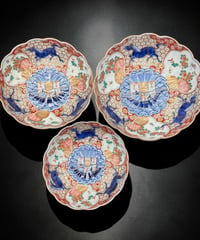 3組鉢 大聖寺伊万里 錦手金彩 馬舟草花文図 輪花鉢 時代物 色絵 大鉢 鉢 盛り皿 飾皿 古伊万里 古美術 和食器 骨董品 アンティーク