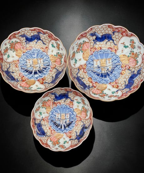 3組鉢 大聖寺伊万里 錦手金彩 馬舟草花文図 輪花鉢 時代物 色絵 大鉢 鉢 盛り皿 飾皿 古伊万里 古美術 和食器 骨董品 アンティーク