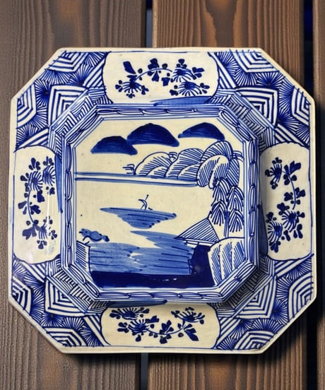 古伊万里 八角絵皿 [山水風景図] 染付 江戸 在銘 大皿 角皿 平皿 取り皿 盛り皿 飾り皿 伊万里 和食器 骨董品 アンティーク