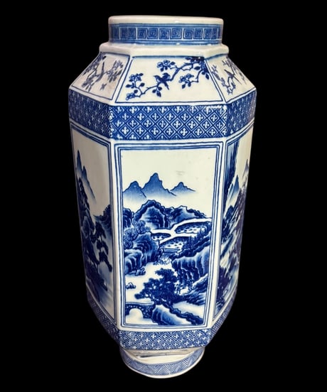 中国現地買付 六角壺 [鳥山水風景絵] 中国雑貨 壺 フラワーベース 花瓶 花入れ 花器 陶器 中国 古美術 骨董品 アンティーク
