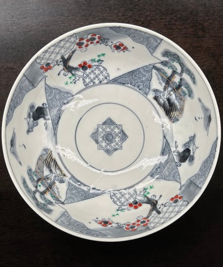 古伊万里 金彩 色絵 大鉢 梅松風景文図 日本製 取り皿 飾り皿 伊万里 陶器 時代物 骨董品 アンティーク