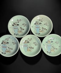 【5客セット】 古伊万里 青磁 花瓶草花文図 丸皿 平皿 飾皿 和食器 陶器 時代物 骨董品 アンティーク