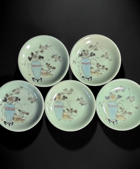 【5客セット】 古伊万里 青磁 花瓶草花文図 丸皿 平皿 飾皿 和食器 陶器 時代物 骨董品 アンティーク