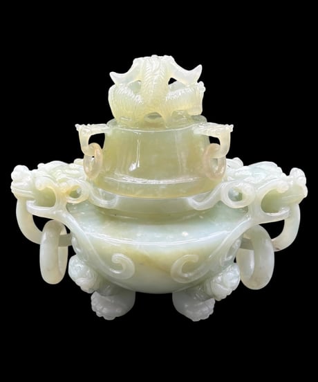 翡翠 三足香炉 玉石 双耳 龍頭 香炉 美術品 インテリア 置物 時代物 工芸品 骨董品 アンティーク