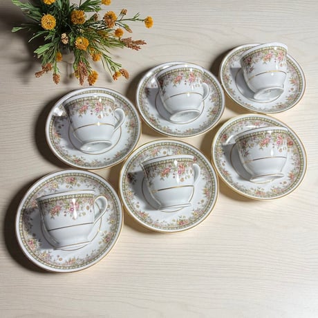 【6客揃】Noritake FIGARO カップ&ソーサー 花柄 日本陶器会社 マグカップ 紅茶 コーヒー カップ 器 茶器 昭和 レトロ アンティーク