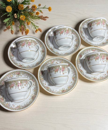 【6客揃】Noritake FIGARO カップ&ソーサー 花柄 日本陶器会社 マグカップ 紅茶 コーヒー カップ 器 茶器 昭和 レトロ アンティーク