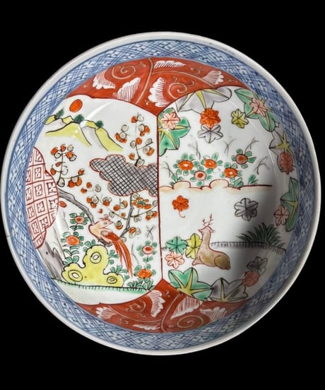 江戸期 古伊万里 色絵鉢 鹿鳥草花文図 紅葉 窓絵 盛り鉢 染錦 鉢 取り皿 飾り皿 和食器 陶器 伊万里 時代物 骨董品 アンティーク