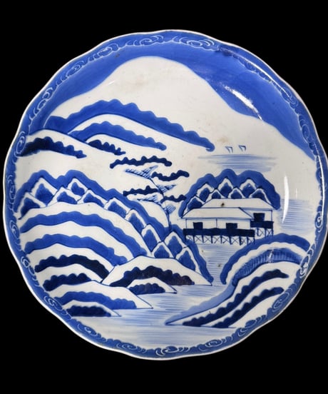 古伊万里 山水風景図 装飾皿 染付 明治 丸皿 盛り皿 飾り皿 古伊万里 古美術 和食器 骨董品 アンティーク
