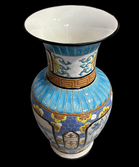 福 壺 染付 山水風景図 粉彩 色絵 中国風 吉祥文 大花瓶 フラワーベース 花瓶 花入れ 丸壺 花器 陶器 古美術 骨董品