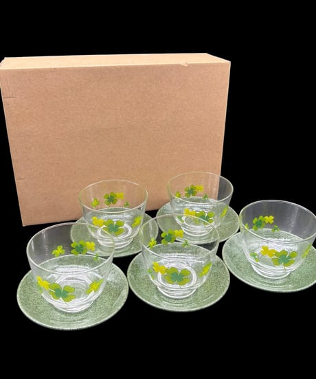 【5客組】 昭和レトロ Aito 冷茶揃 クローバー グラス 茶器 ガラス 陶器 時代物 骨董品 アンティーク