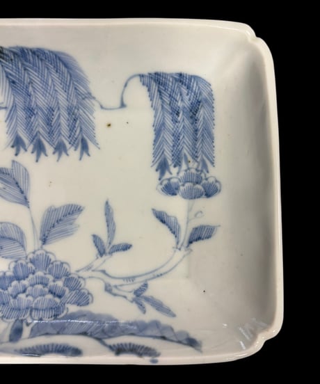江戸後期 染付 伊万里 柳 牡丹 四角皿 長皿 盛り皿 飾り皿 古伊万里 古美術 和食器 骨董品 アンティーク
