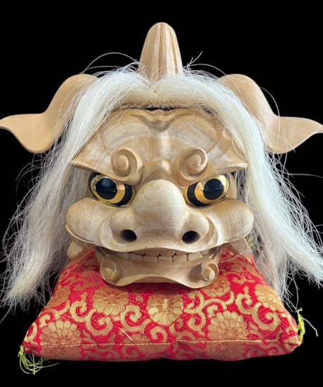 井波彫刻 獅子頭 伝統工芸士 初代 荒井寿斎作 共箱 共布 栞 座布団 木彫 桐材 獅子舞 荒井寿斉 置物 アンティーク インテリア 骨董品