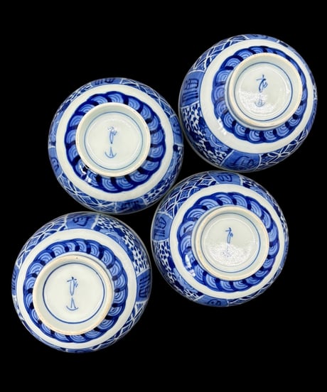 【4客セット】 染付 茶碗 獅子 福 壽 向付 茶器 茶碗 在銘 陶器 骨董品 アンティーク