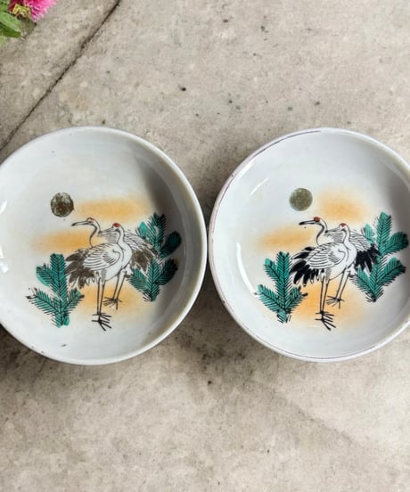 【2客セット】色絵 鶴 松 夕日 小皿 取り皿 盛り皿 飾り皿 和食器 骨董品 アンティーク