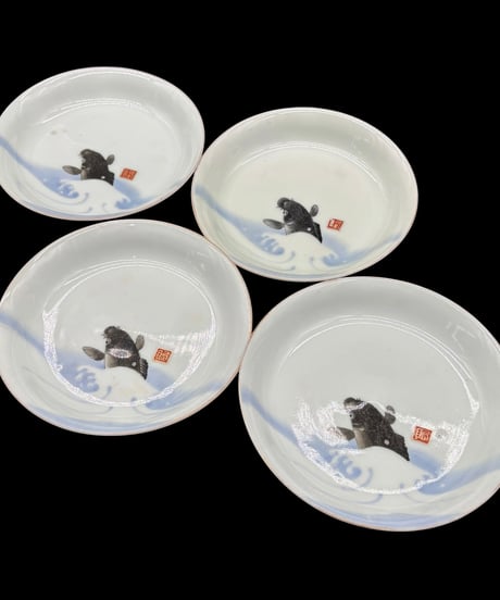 【4客セット】古伊万里 源六製 鯉 刺身皿 小皿 丸皿 取り皿 盛り皿 飾皿 時代物 和食器 骨董品 アンティーク