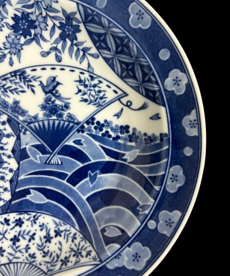 【5枚セット】伊万里 中皿 [草花鳥梅扇紋絵] 染付 盛り皿 飾り皿 平皿 丸皿 器 古伊万里 江戸時代 和食器 骨董品