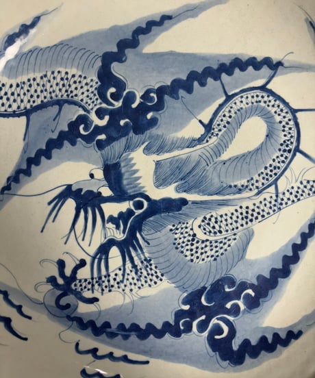 染付 青花 清末【雲龍】五爪龍 大皿 丸皿 清 中国美術 盛り皿 飾り皿 和食器 古美術 骨董品 アンティーク