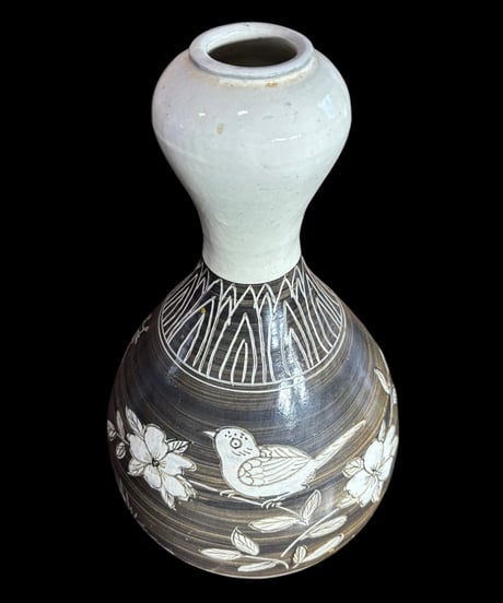 壺 一輪挿し [鳥 草花 文字] 中国雑貨 フラワーベース 花瓶 花入れ 丸壺 花器 陶器 古美術 骨董品 アンティーク