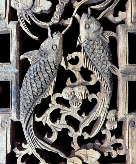 中国手彫り彫刻パネル [鯉草花絵] 木彫り 中国 木製 和風 手彫り 彫刻 古民具 中国雑貨 壁飾り インテリア レトロ アンティーク