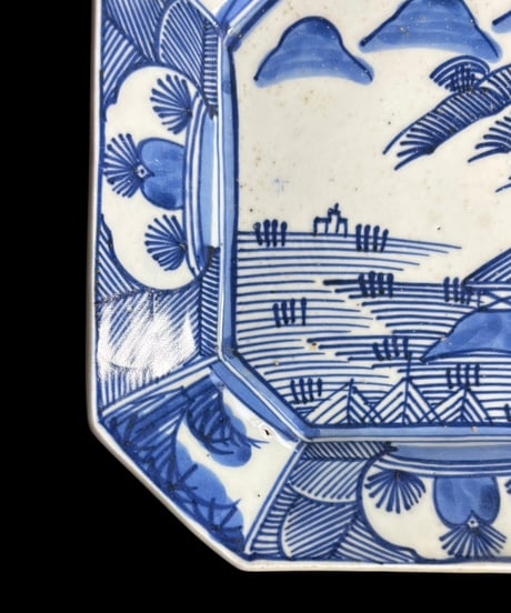 古伊万里 八角絵皿 [山水風景図] 玩 銘あり 染付 年代物 八角皿 角皿 平皿 取り皿 盛り皿 飾り皿 伊万里 和食器 骨董品 アンティーク