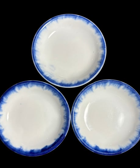 【3客セット】ルリハケメ玉渕 小皿 ルリ刷目 平皿 丸皿 豆皿 取り皿 和食器 骨董品 アンティーク