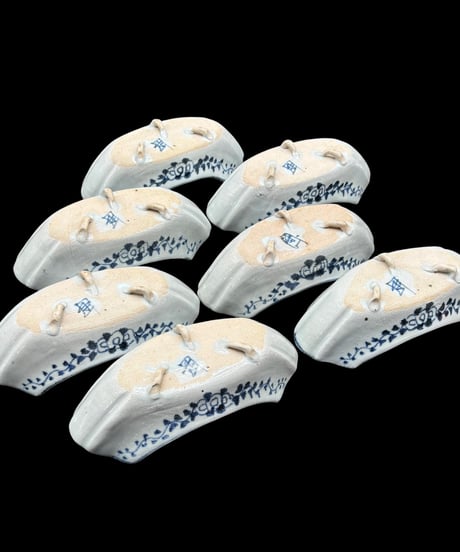 【7客セット】 手描き 舟型鉢 山水風景図 小鉢 裏印 丸皿 取り皿 時代物 和食器 陶器 骨董品 アンティーク