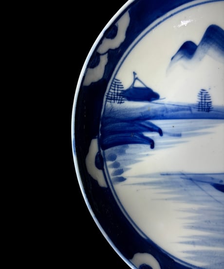 染付 平皿 [山水風景絵] 丸皿 大皿 取り皿 盛り皿 飾り皿 和食器 大正 昭和 骨董品 アンティーク