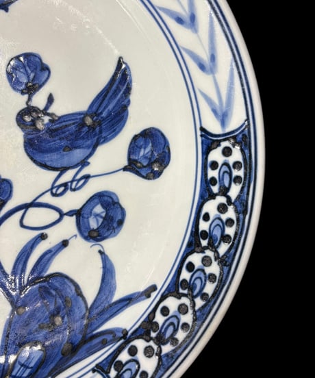 染付 鳥 草花 中皿 丸皿 平皿 取り皿 盛り皿 飾り皿 手描き 和食器 骨董品 アンティーク