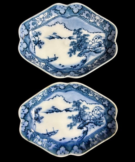 【2客セット】古伊万里 染付 菱形変形皿 [山水風景絵] 鉢 取り皿 盛り皿 飾り皿 伊万里 和食器 骨董品 アンティーク