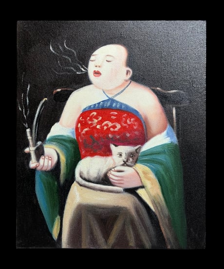 油絵【人物絵 猫】中国雑貨 油彩 額装 壁掛 絵画 色絵 中国 民国 古美術 雑貨 インテリア アンティーク コレクション