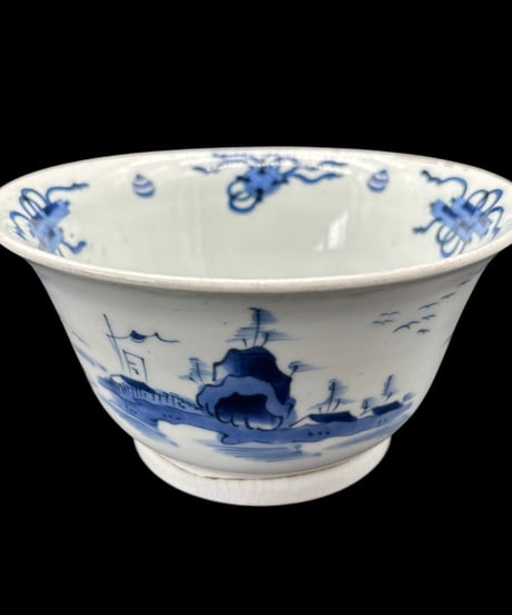 蔵出し 古伊万里 染付 深鉢 山水風景図 大鉢 時代物 和食器 骨董品 アンティーク