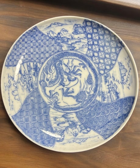 染付 [龍鳥山水 風景絵] 平皿 大皿 印判皿 盛り皿 飾り皿 器 江戸 和食器 骨董品 アンティーク