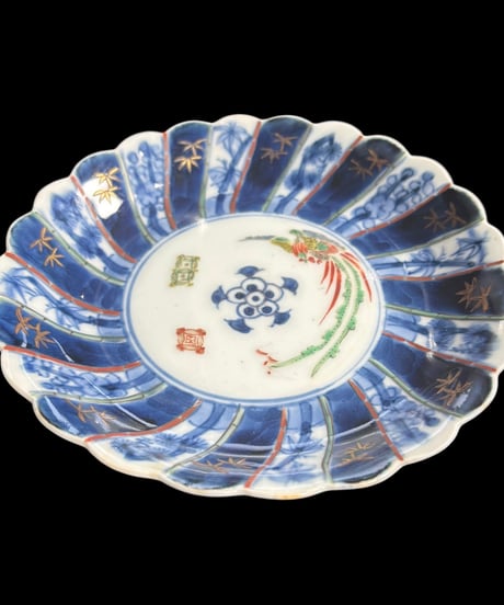 【2客セット】 古伊万里 染付 輪花皿 鳳凰松竹梅文図 色絵 平皿 飾皿 時代物 伊万里 骨董品 アンティーク