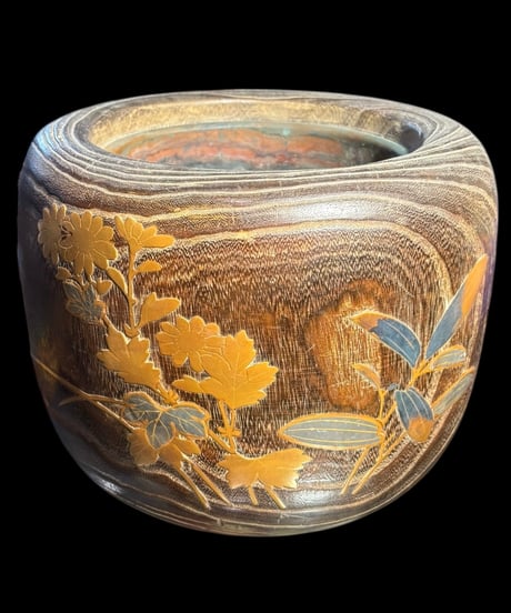 桐火鉢 手あぶり 蒔絵 煙草盆 鳥草花図 火鉢 陶器 時代物 古道具 骨董品 アンティーク