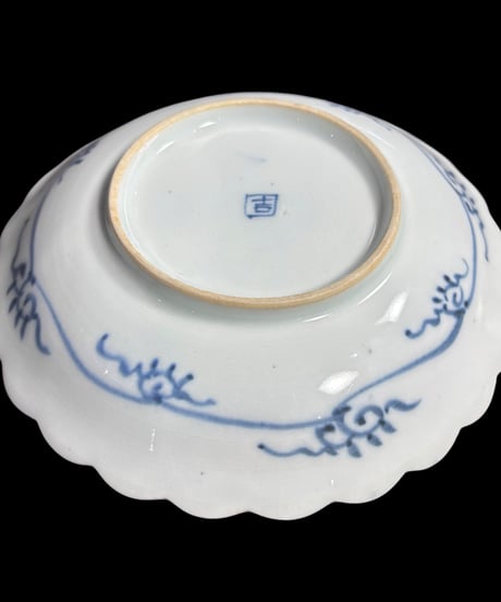 【2客セット】 古伊万里 染付 輪花皿 鳳凰松竹梅文図 色絵 平皿 飾皿 時代物 伊万里 骨董品 アンティーク
