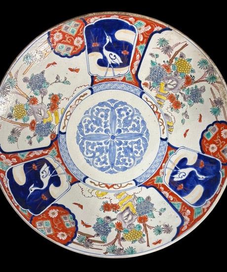 古伊万里 色絵 [窓絵鶴蝶草花文図] 大皿 丸皿 取り皿 飾り皿 和食器 江戸 伊万里 陶器 骨董品 アンティーク
