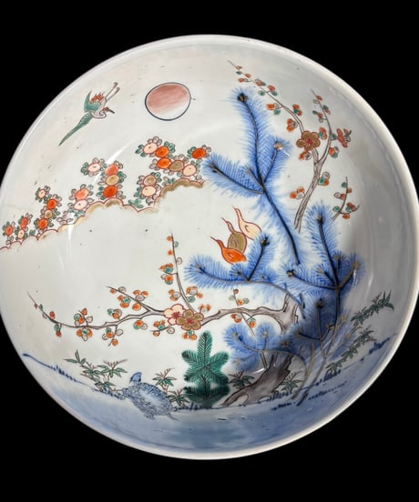 古伊万里 大鉢 鶴亀松竹梅 柿右衛門様式 色絵 鉢 取り皿 飾り皿 和食器 明治 伊万里 陶器 骨董品 アンティーク