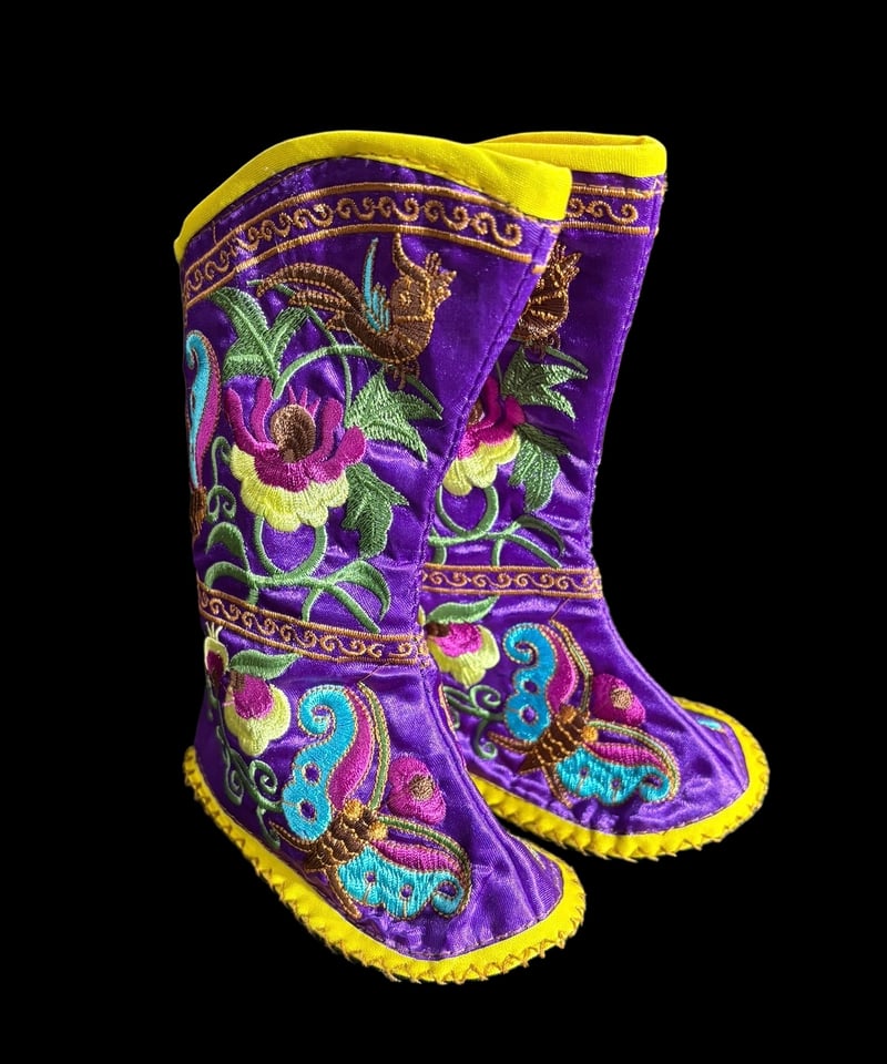 アンティーク 中国奥地少数民族 刺繍 幼児向け靴 纏足の靴 [パープル] 中国雑貨 布靴 子供靴 刺繍靴 靴 中国 布 刺繡