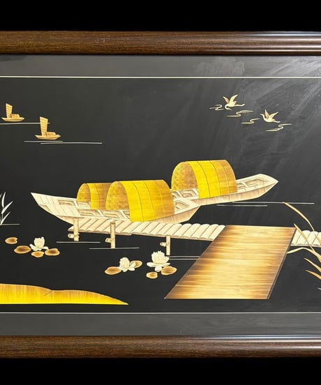 中国現地買入 架け橋 船 切り絵 貼り絵 中国 鳥 蓮 風景 額 版画 アート イラスト 美術品 中国雑貨 コレクション 骨董品 アンティーク