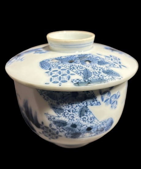 【2客セット】染付 蓋付き 向付 [松竹梅紋柄] 湯呑み 茶器 茶碗 茶道具 器 陶器 骨董品