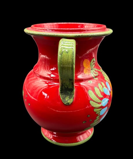 イタリア製 手描き 花柄 花瓶 レッド フラワーベース 花入れ 花器 陶器 インテリア 骨董品 アンティーク