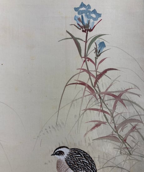掛け軸 [鳥 草花絵] 作家物 掛軸 昭和 レトロ インテリア 壁掛け 工芸品 古美術 骨董品 アンティーク