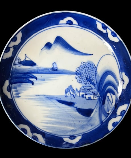 染付 平皿 [山水風景絵] 丸皿 大皿 取り皿 盛り皿 飾り皿 和食器 大正 昭和 骨董品 アンティーク