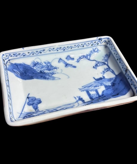 【5客セット】 明治期 四角皿 山水風景図 染付 角皿 取り皿 飾り皿 和食器 時代物 陶器 骨董品 アンティーク