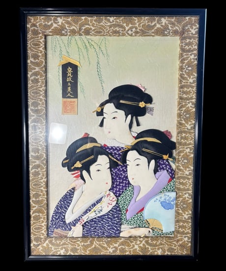 寛政三美人 押絵 美人画 浮世絵 日本絵画 伝統 手芸技法 額装 額 壁掛 絵画 江戸時代 アート アンティーク コレクション