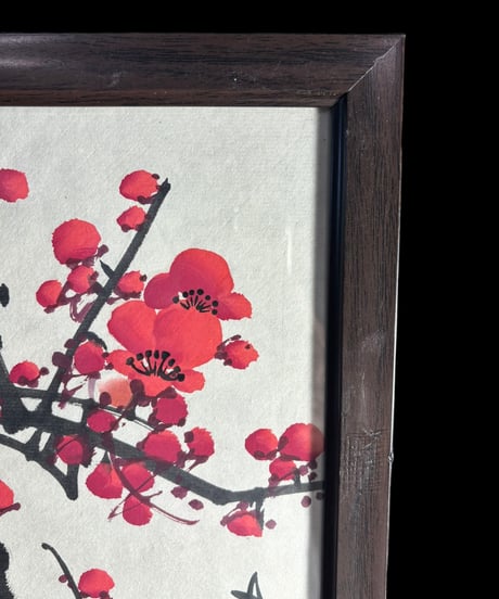 中国美術 水墨画【紅梅】額装 壁掛 額 絵画 梅 色絵 民国 古美術 装飾品 アンティーク コレクション