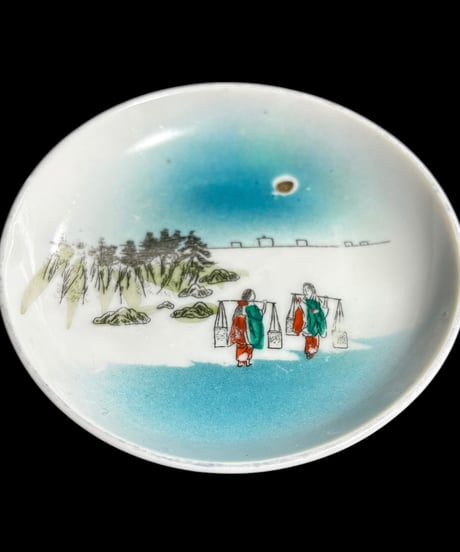 【2客セット】色絵 丸皿 [風景 人物絵] 時代物 小皿 取り皿 盛り皿 飾り皿 レトロ 昭和初期 和食器 骨董品 アンティーク
