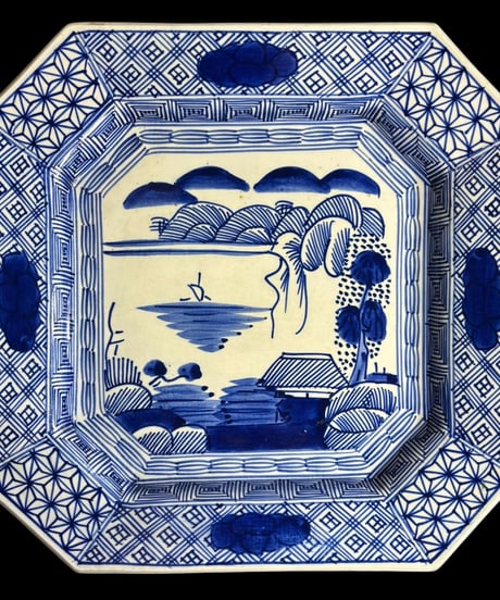 古伊万里 八角絵皿 [山水風景図] 染付 年代物 大皿 角皿 平皿 取り皿 盛り皿 飾り皿 伊万里 和食器 骨董品 アンティーク