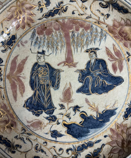 色絵 金彩【草花風景人物絵】大皿 丸皿 唐人 明 中国美術 盛り皿 飾り皿 和食器 古磁 古美術 骨董品 アンティーク