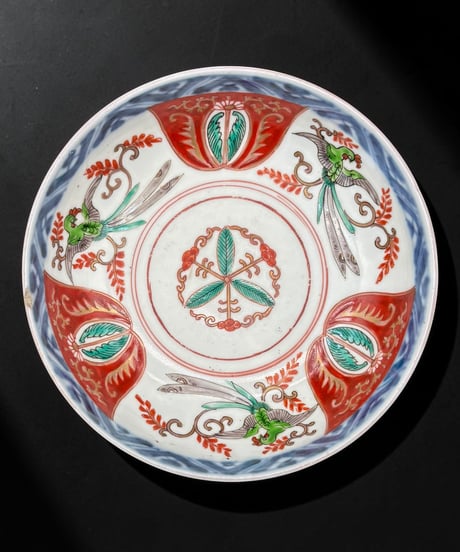 古伊万里 色絵 中鉢 孔雀草花文図 鉢 赤絵 丸皿 盛り鉢 和食器 江戸 陶器 時代物 骨董品 アンティーク
